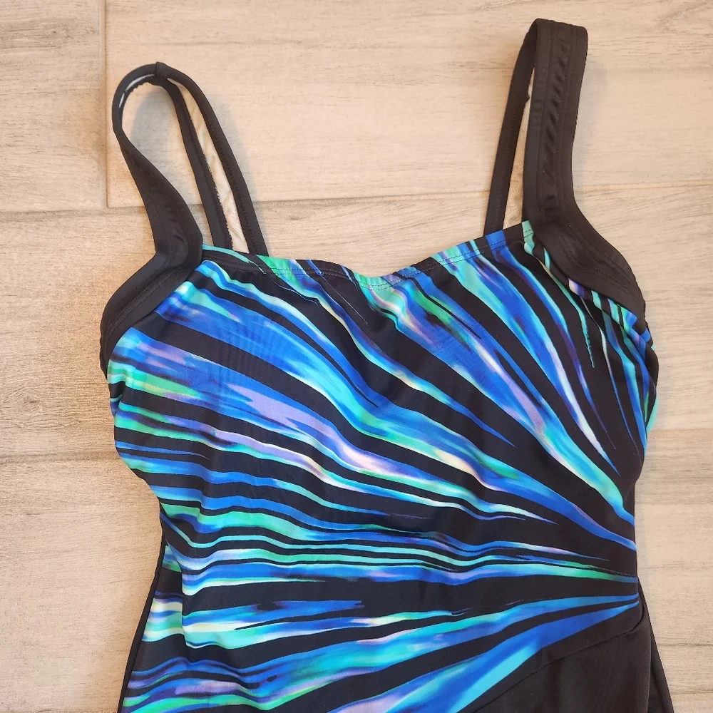Swim Solutions Sport Swimsuit 8 Blue Black Striped Shapewear one piece New $110